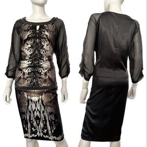 WOMEN PLUS SIZE SATIN DRESS BLACK FORMAL‎ 3/4 RAGLAN SLEEVES ANIMAL PRINT GOWN